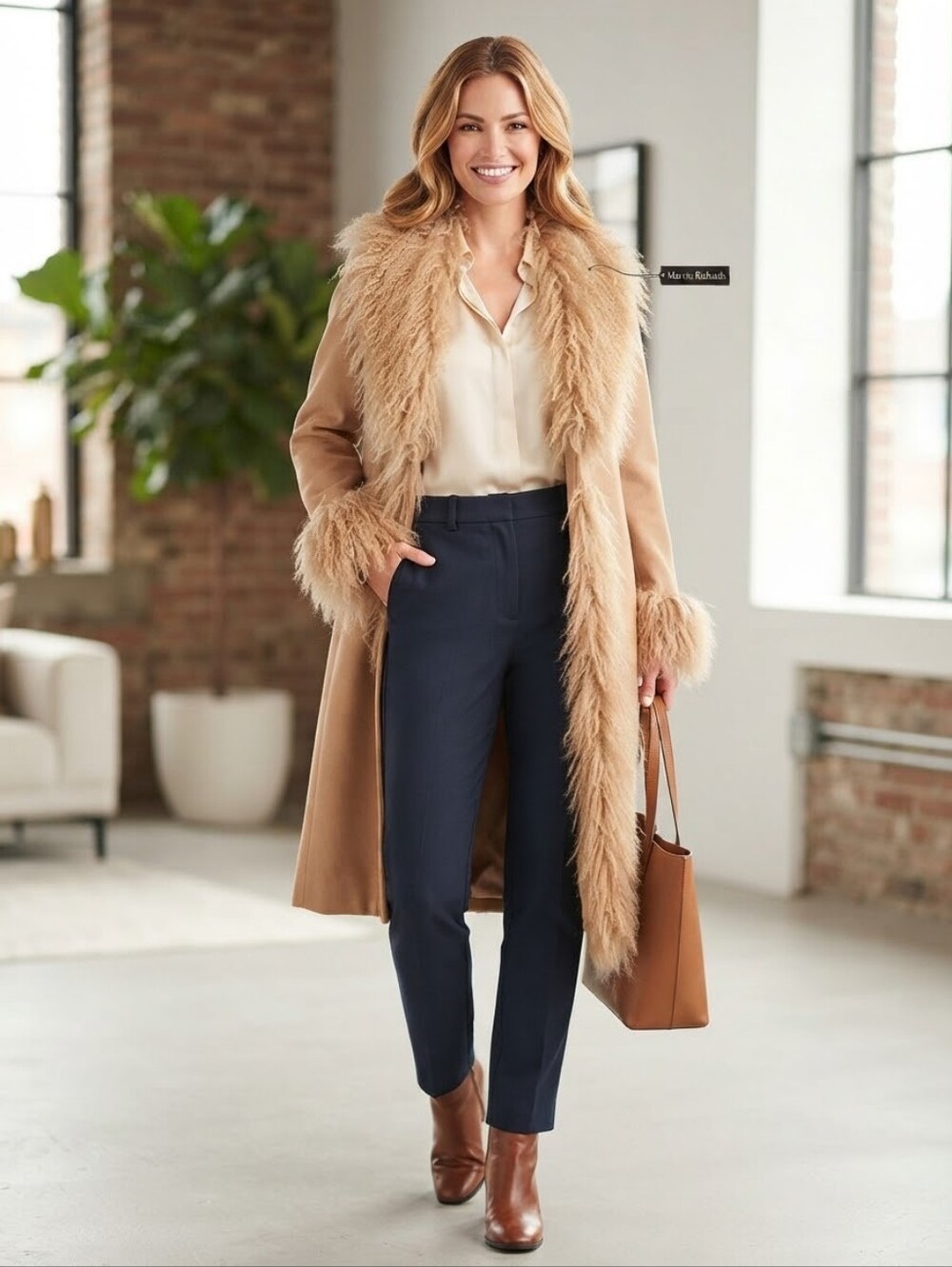Vintage Marvin Richards Camel Wool Long Coat Fur Trim Cuffs & Collar Estimate L